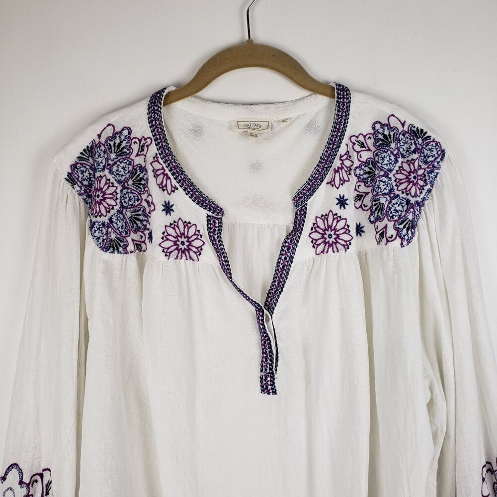 FatFace Embroidered Boho Peasant Top White Purple Floral Long Sleeve Womens 14 - Picture 3 of 10